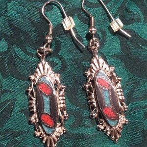 Turquoise and Coral Inlaid Dangling Earrings